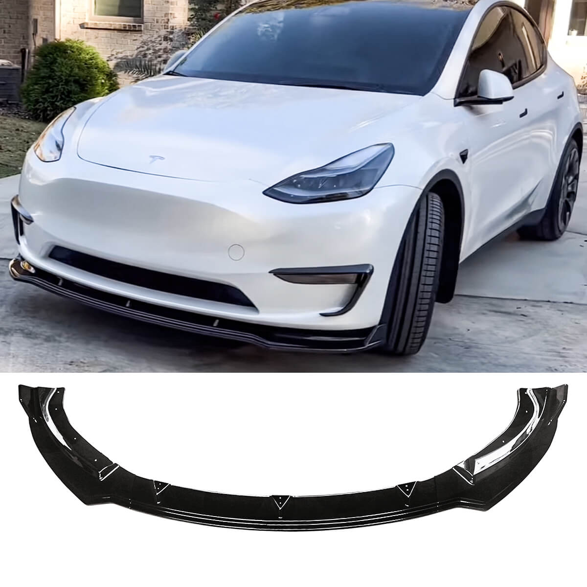 Front Bumper Lip For 2020-2024 Tesla Model Y Front Lower Chin Splitter Carbon Fibre Look Gloss Black