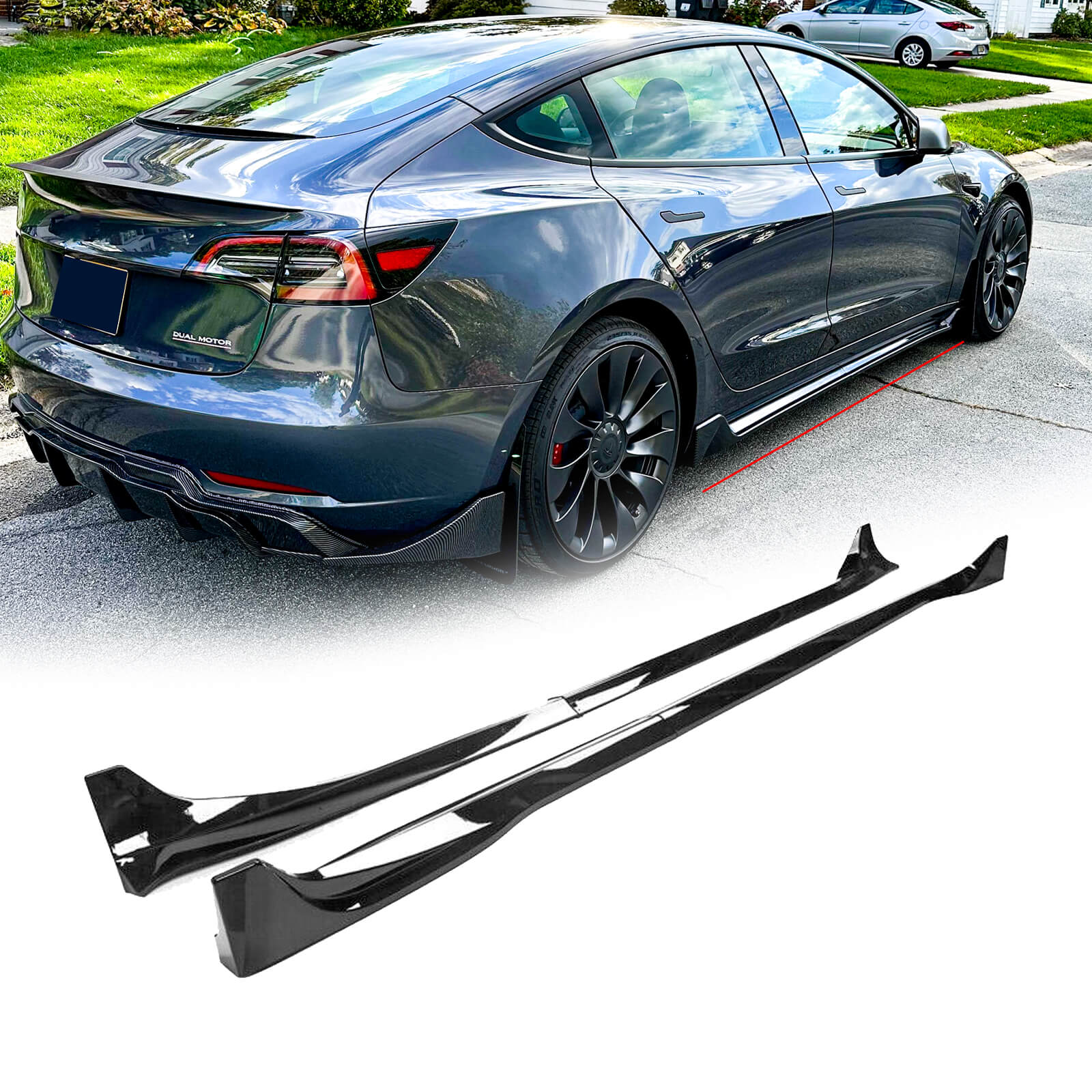 Side Skirts For 2017-2024 Tesla Model 3 Side Extension Lip Rocker Panel Gloss Black