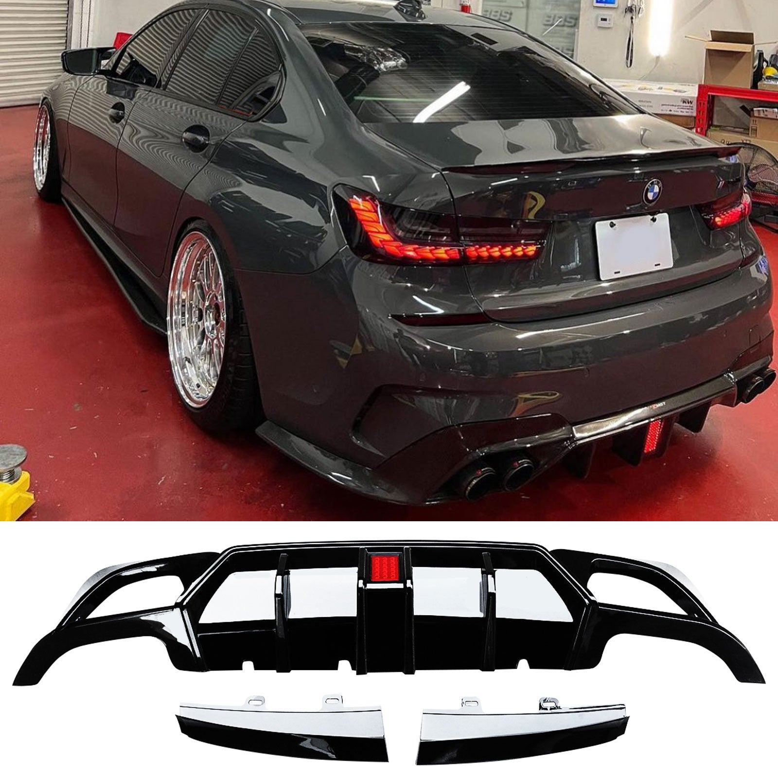 Rear Diffuser For BMW 3 Series 2019 2020 2021 2022 G20 320i 330i M340i M Sport Rear Bumper Lip Gloss Black with LED light