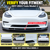 MMO Front Bumper Lip Splitter Fit for Tesla Model 3 2017-2024 Matte Carbon Fiber Look One Piece V1 Style Sport Without Logo