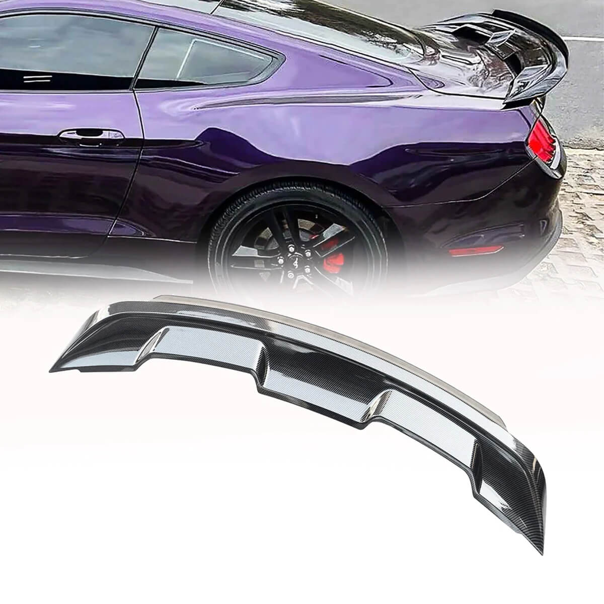 For 15-23 Ford Mustang Coupe Rear Spoiler with Tinted Wicker Bill GT500 Style Carbon Fiber Look