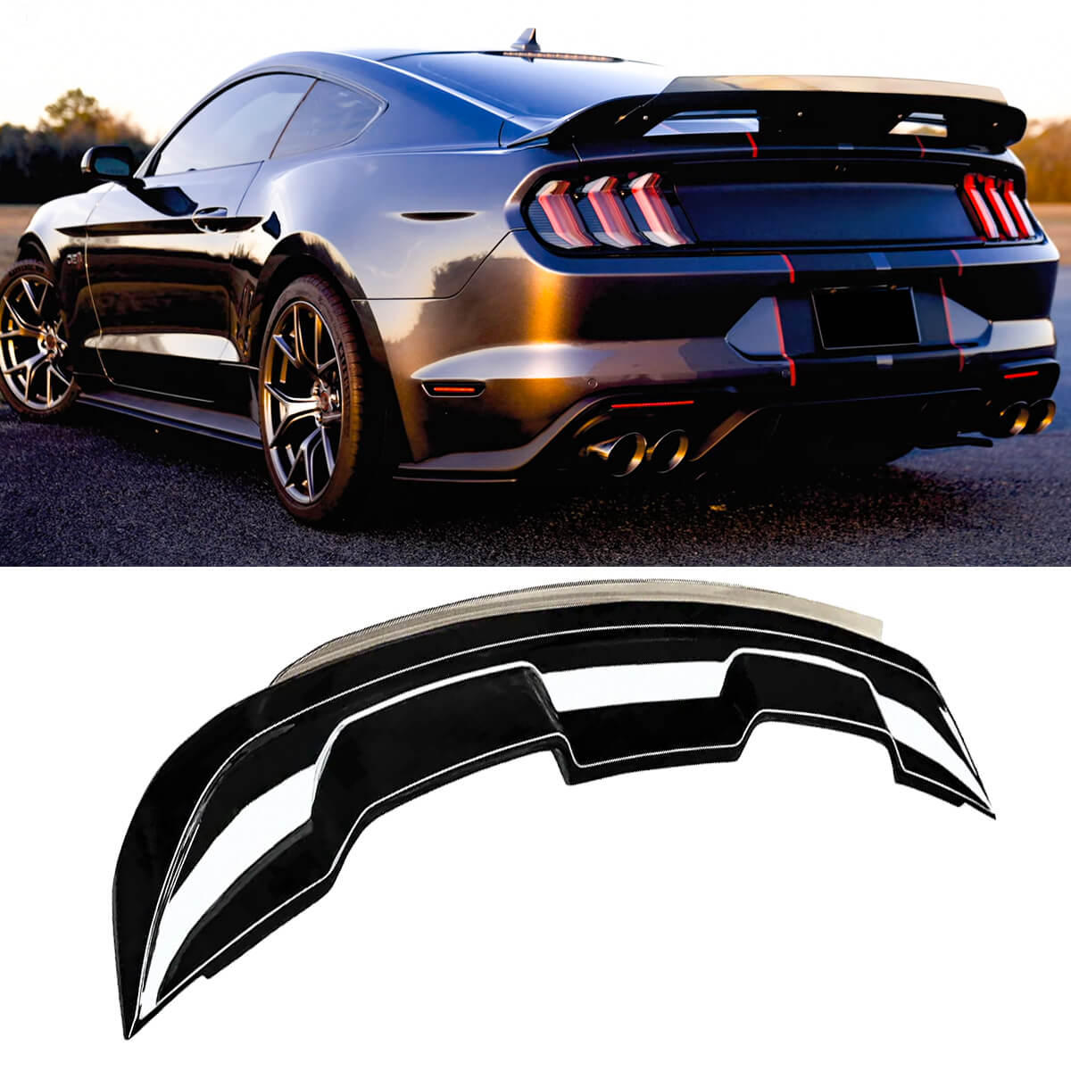 For 15-23 Ford Mustang Coupe Rear Spoiler with Tinted Wicker Bill GT500 Style Gloss Black