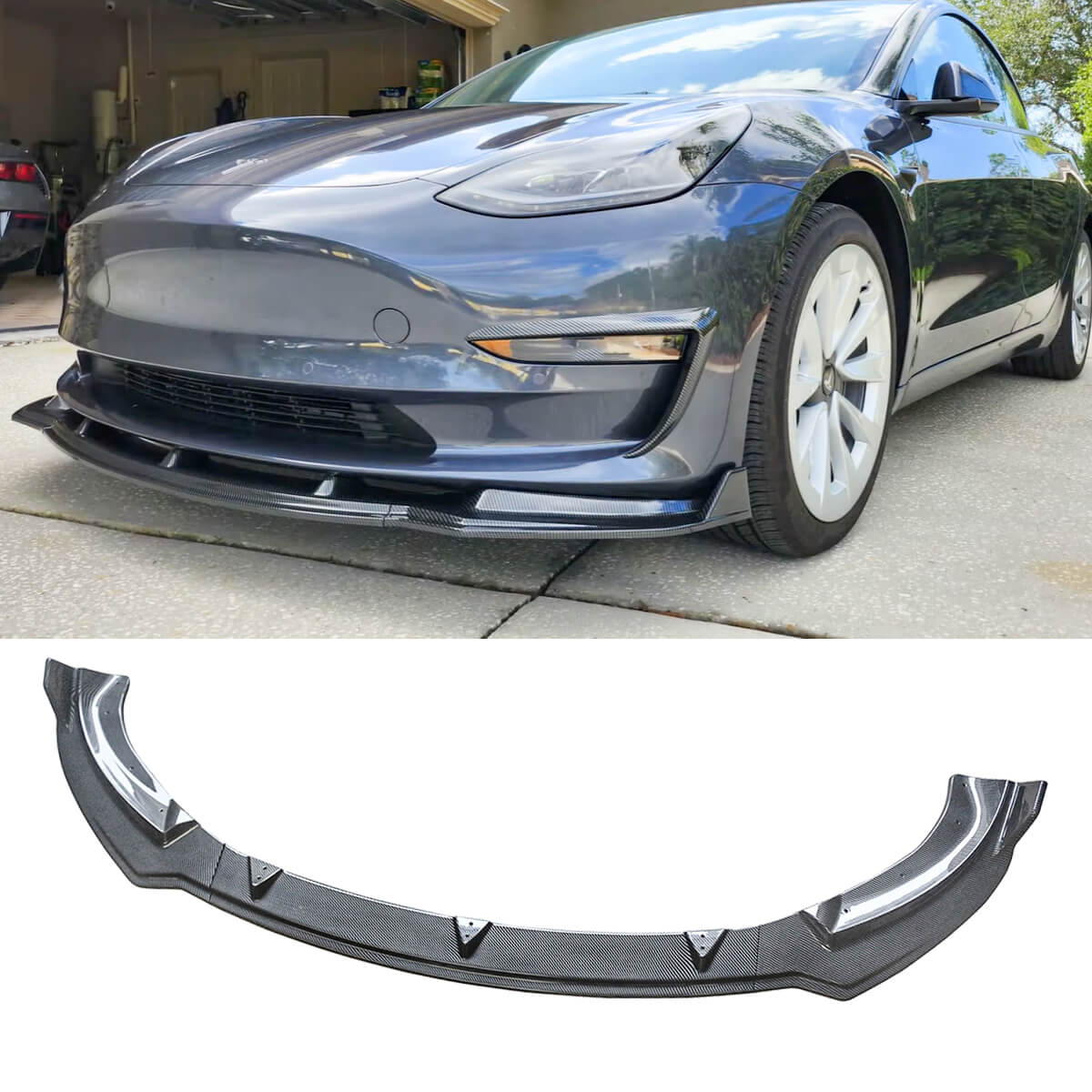 For 2020-2023 Tesla Model Y Front Lip Splitter 3PCs ABS Carbon Fiber Look