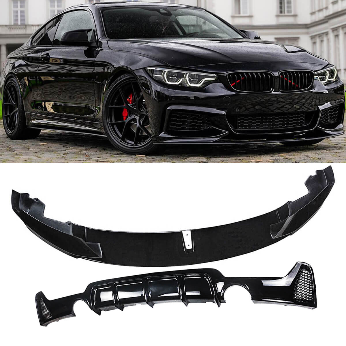 For 14-19 BMW 4 Series F32 F33 F36 M Sport Front Lip Rear Diffuser ABS Gloss Black