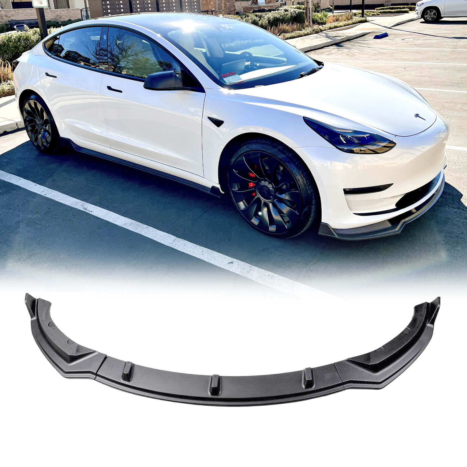 MMOMOTORSPORT Front Lip For 2017-2024 Tesla Model 3 V1 Style Matte Carbon Fiber Look
