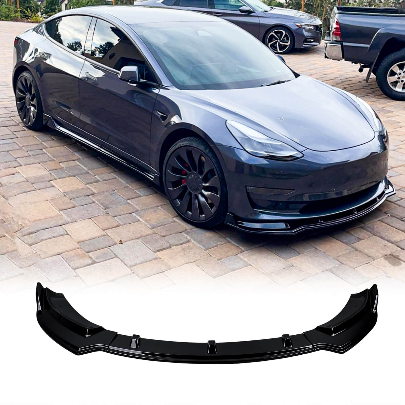 MMOMOTORSPORT Front Lip For 2017-2024 Tesla Model 3 V1 Style Gloss Black