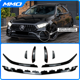 MMO Front Bumper Lip Splitter and Canards Kit Fit for Mercedes-Benz A-Class W177 V177 2019+ Gloss Black ABS 7-Piece Sport Style Without Logo