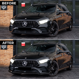 MMO Front Bumper Lip Splitter and Canards Kit Fit for Mercedes-Benz A-Class W177 V177 2019+ Gloss Black ABS 7-Piece Sport Style Without Logo