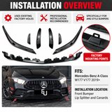 MMO Front Bumper Lip Splitter and Canards Kit Fit for Mercedes-Benz A-Class W177 V177 2019+ Gloss Black ABS 7-Piece Sport Style Without Logo